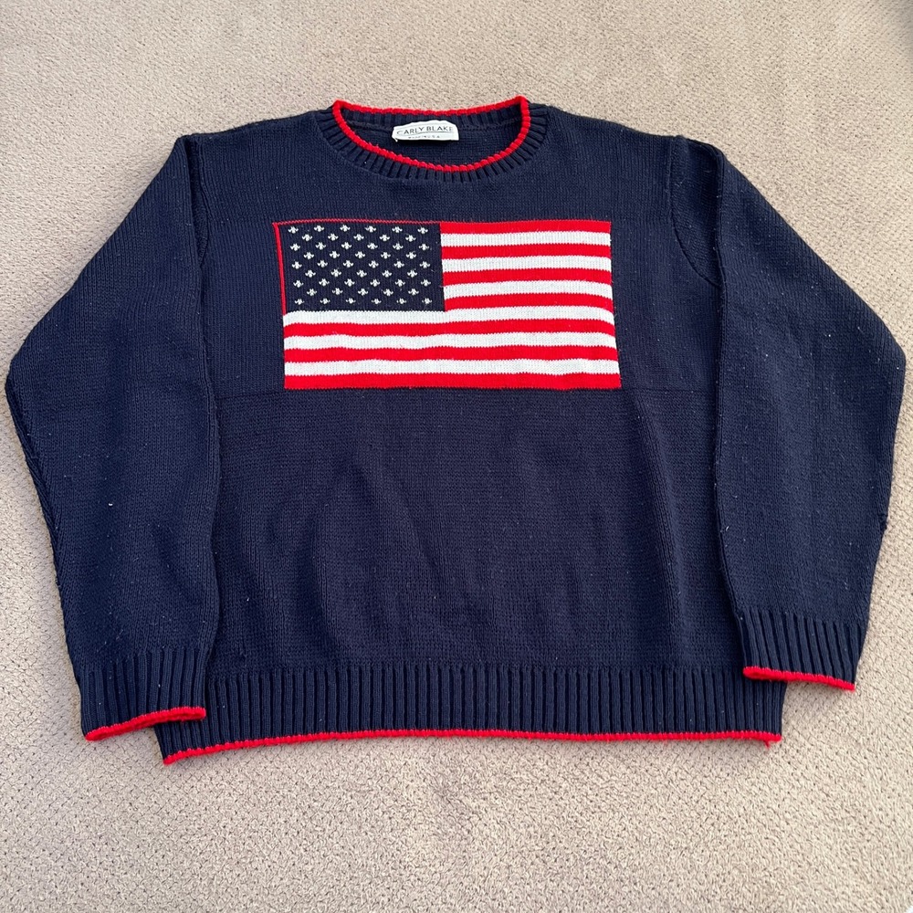Vintage 1990s Carly Blake American Flag Knit Sweater Navy Blue Red White USA L